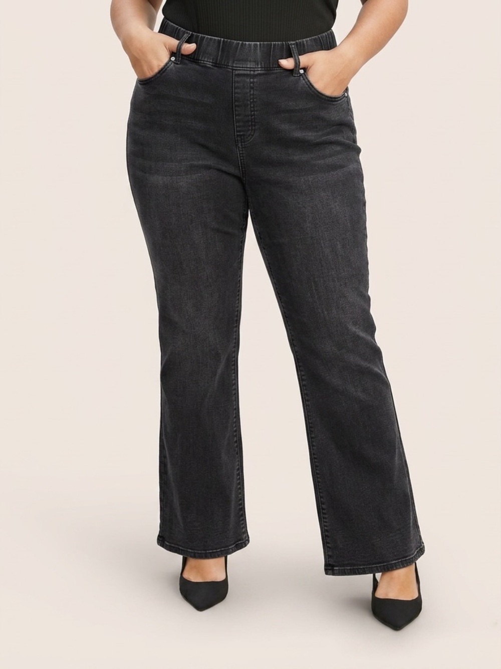BLOOMCHIC Black Wash Wide Leg Pull On Jeans